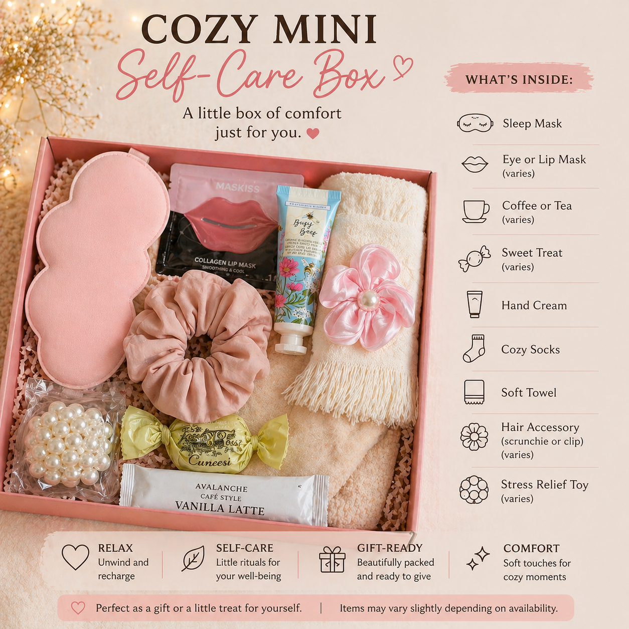 Cozy Self-Care Gift Box – Relaxation Spa Set | Socks, Sleep Mask, Coffee & Treats