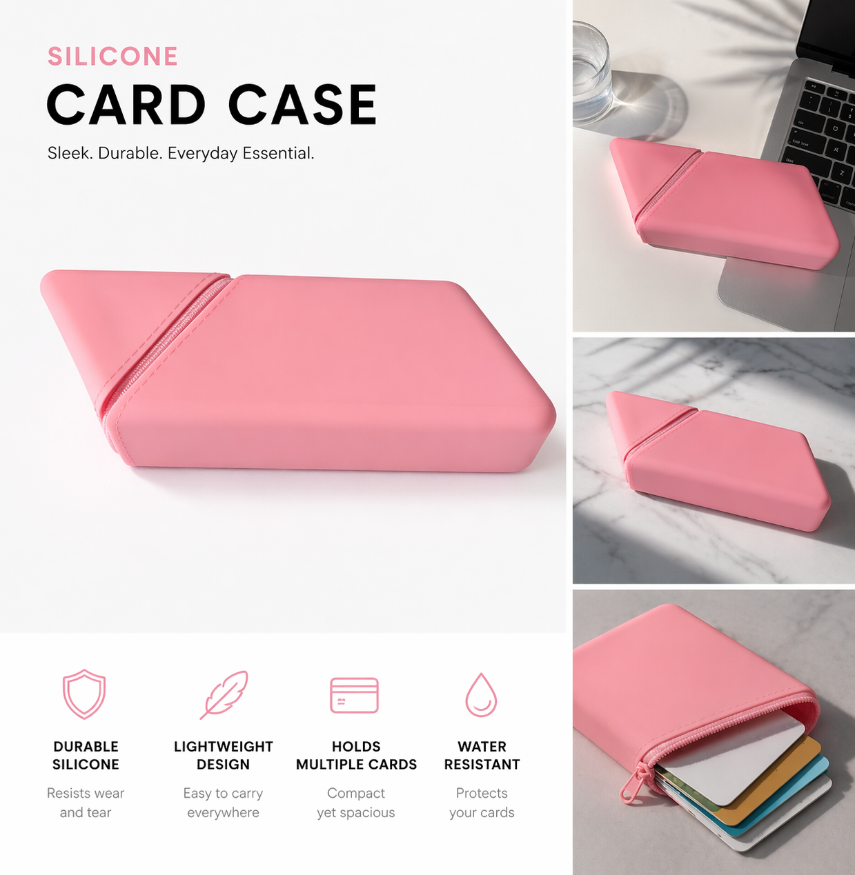 Silicone Card Case Pouch – Minimalist Pink Zipper Wallet